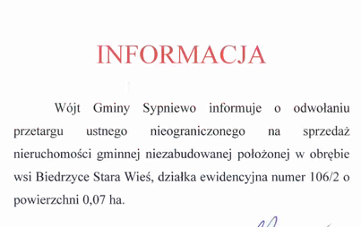 Zdjęcie do Informacja W&oacute;jta Gminy Sypniewo o odwołaniu przetargu.