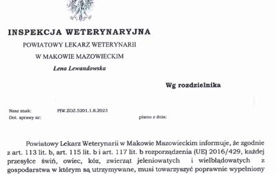 Zdjęcie do Informacja Powiatowego Lekarza Weterynarii w Makowie Mazowieckim.
