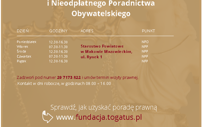 Zdjęcie do Promocja - punkt nieodpłatnej pomocy prawnej i nieodpłatnego poradnictwa obywatelskiego - Powiat Makowski