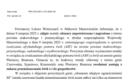 Zdjęcie do Pismo Powiatowego Lekarza Weterynarii w Makowie Mazowieckim w sprawie ASF