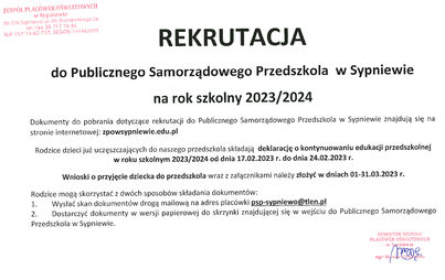 Zdjęcie do Rekrutacja do Publicznego Samorządowego Przedszkola w Sypniewie na rok szkolny 2023/2024.