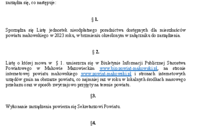 Zdjęcie do Zarządzenie Nr 1/2023 Starosty Makowskiego z dnia 10 stycznia 2023 r. w sprawie sporządzenia Listy jednostek nieodpłatnego poradnictwa dostępnych dla mieszkańc&oacute;w powiatu makowskiego w 2023 roku.
