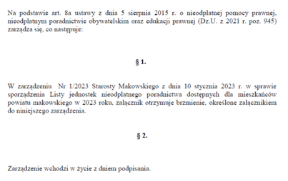 Zdjęcie do Zarządzenie Nr 45/2023 Starosty Makowskiego w sprawie aktualizacji Listy jednostek nieodpłatnego poradnictwa dostępnych dla mieszkańc&oacute;w powiatu makowskiego w 2023 roku.