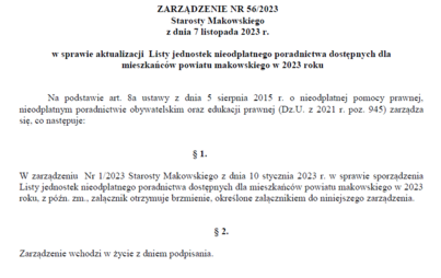 Zdjęcie do Aktualizacja listy jednostek nieodpłatnego poradnictwa dostępnych dla mieszkańc&oacute;w powiatu makowskiego w 2023 roku.