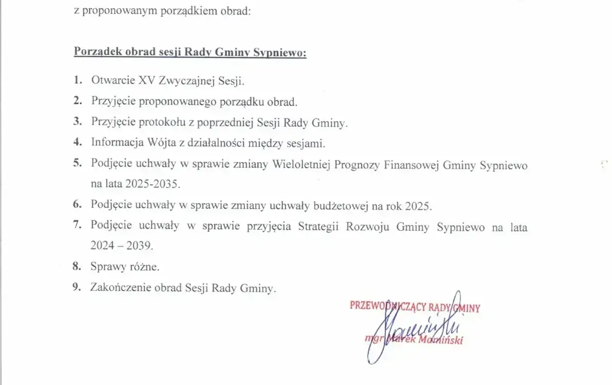 Zawiadomienie o zwołaniu XV Zwyczajnej Sesji Rady Gminy Sypniewo.
